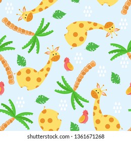 seamless pattern with cute giraffe and palm tree - vector illustration, eps