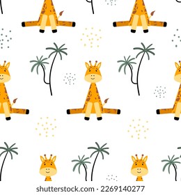 Patrón sin incandescencias con una tierna jirafa y palmeras. Animales africanos con encanto y plantas en un estilo plano. Tejidos para niños, papel de envoltura, fondo. Girafa vectorial de dibujos animados al estilo escandinavo. 
