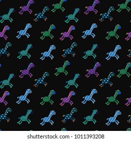 Seamless pattern with cute giraffe runing on striped background