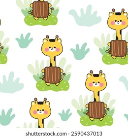 Seamless pattern of cute giraffe stay in log wood stand on garden white background.Leaf,grass,nature.Wild animal character cartoon.Kawaii.Vector.Illustration.