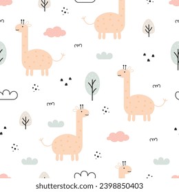 Seamless pattern with cute giraffe and tree. Cartoon animal background. Baby pattern. For fabric, textile, wallpaper, wrapping and print design. Vector illustration