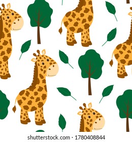 Seamless pattern cute giraffe trees leaves vector illustration
