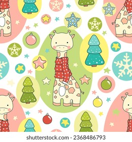 Seamless pattern with cute giraffe with warm winter scarf, fir tree, star, snowflake, christmas ball. Xmas and new year background