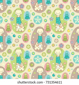 Seamless pattern with cute giraffe with warm winter scarf, fir tree, star, snowflake, christmas ball. Cartoon background for xmas and new year design