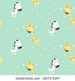 Seamless pattern with cute giraffe and zebra, print for kids. Vector illustration.