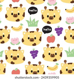 Seamless pattern of cute giraffee face with fruit and flower on white background.Wild animal character cartoon.Grape,apple,banana hand drawn.Kawaii.Vector.Illustration.