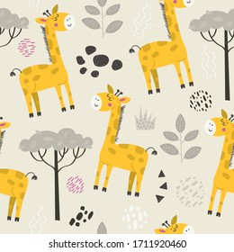 Seamless pattern with cute giraffes. Cartoon design for clothing, nursery wall art and wallpapers
