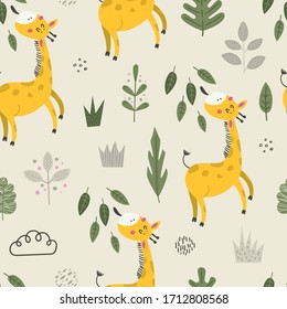 Seamless pattern with cute giraffes. Cartoon design for clothing, nursery wall art and wallpapers