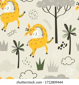 Seamless pattern with cute giraffes. Cartoon design for clothing, nursery wall art and wallpapers
