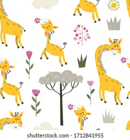 Seamless pattern with cute giraffes. Cartoon design for clothing, nursery wall art and wallpapers