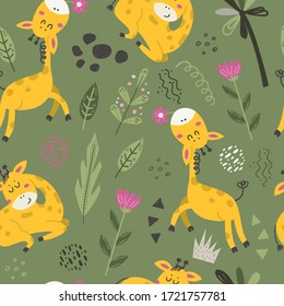 Seamless pattern with cute giraffes. Cartoon design for clothing, nursery wall art and wallpapers