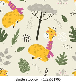 Seamless pattern with cute giraffes. Cartoon design for clothing, nursery wall art and wallpapers