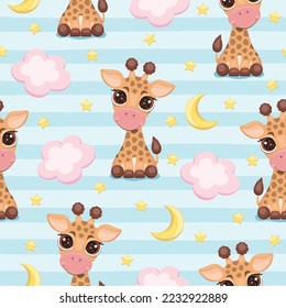 Seamless pattern with cute giraffes, clouds, moon and stars. Vector illustration.