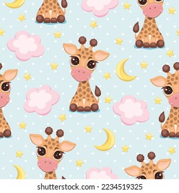 Patrón sin foco con jirafas, nubes, luna y estrellas lindas. Ilustración vectorial.