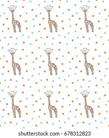 Seamless pattern with cute giraffes and color dots. Vector illustration.