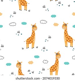 seamless pattern with cute giraffes and doodle elements on white background, simple vector illustration in scandinavian style