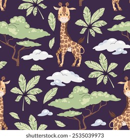 Seamless pattern with cute giraffes in flat style. Repeating background with African animals, palm leaves and acacia. Childish illustration for fabric, wallpaper, wrapping paper, scrapbooking etc