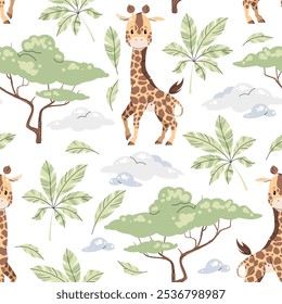 Padrão perfeito com girafas bonitas em estilo plano. Fundo repetitivo com animais africanos, folhas de palmeira e acácia. Ilustração infantil para tecido, papel de parede, papel de embrulho, scrapbooking etc