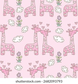 Padrão sem costura com girafas bonitas e flores. Ilustração vetorial.