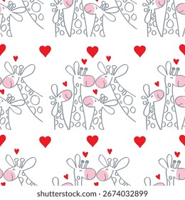Padrão contínuo com girafas bonitas e corações. Ilustração vetorial.