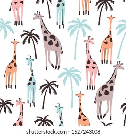Seamless pattern with cute giraffes and palm trees for kids.