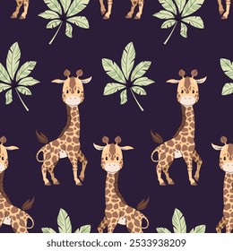 Seamless pattern with cute giraffes and palm leaves in flat style. Repeating background with African animals. Childish illustration for fabric, wallpaper, wrapping paper, scrapbooking etc