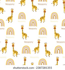 Seamless pattern with cute giraffes and rainbows on a white background. Pattern for children's clothing, notebook cover, wrapping paper. Vector image