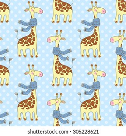 Seamless pattern with cute giraffes with scarves