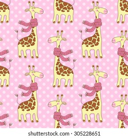 Seamless pattern with cute giraffes with scarves