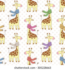 Seamless pattern with cute giraffes with scarves