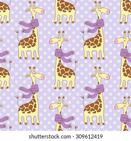 Seamless pattern with cute giraffes with scarves