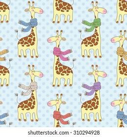 Seamless pattern with cute giraffes with scarves