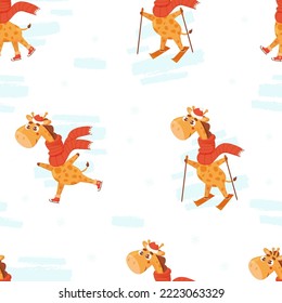 Seamless pattern with cute giraffes. Winter animal in scarf skiing, skating on white background. Vector illustration. Funny pattern with animals for decor, design, print, wallpaper, kids collection