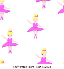 Seamless pattern of cute girl ballerina princess in a blue magnificent tutu dress. children's illustration in flat style