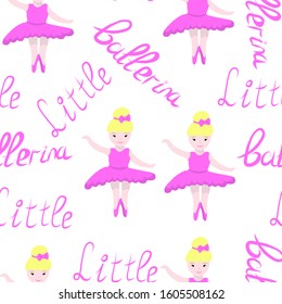 Seamless pattern of cute girl ballerina princess in a blue magnificent tutu dress. children's illustration in flat style