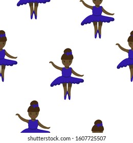 Seamless pattern of cute girl ballerina african american princess in a blue magnificent tutu dress. children's illustration in flat style