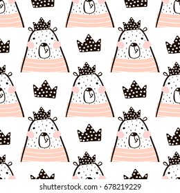 Patrón sin inconfundible con una linda chica con osos osos princesa . Perfecto para tejido,fondo textil.Vector