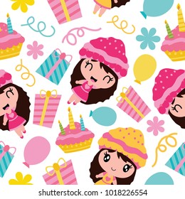 Seamless pattern of cute girl, birthday cake and gift vector cartoon illustration for Birthday wrapping paper, kid fabric clothes, and wallpaper
