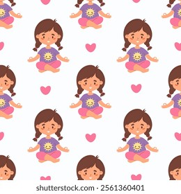 Seamless pattern with cute girl child with braids hairstyle meditating sitting in asana on white background with pink heart. Vector illustration in flat style. Kids collection