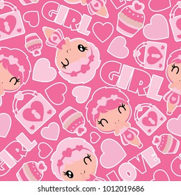 Seamless pattern of cute girl, cupcake, and padlock on pink background vector cartoon illustration for Valentine wrapping paper, kid fabric clothes, and wallpaper