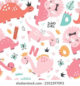 Seamless pattern with cute girl dinosaurs. Pattern for bedroom, wallpaper, kids and baby wear.