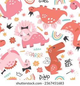 Seamless pattern with cute girl dinosaurs. Pattern for bedroom, wallpaper, kids and baby wear.
