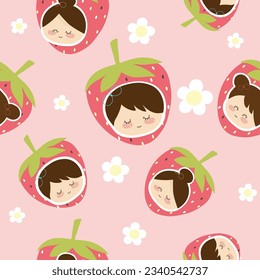 seamless pattern of cute girl face cartoon on pastel pink background with strawberry  and white flower vector illustration