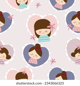 seamless pattern of  cute girl face with heart and flower on lilac background vector illustration 