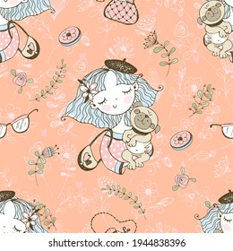 A seamless pattern with a cute girl with her pet little dog pug. Vector.