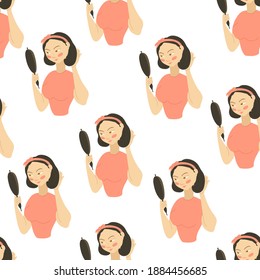 seamless pattern with a cute girl with a mirror, with red cheeks, the girl looks in the mirror. Pattern for hairdressers, children, funny pattern with a girl