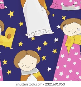 seamless pattern cute girl on space abstract background repeating eps vector
