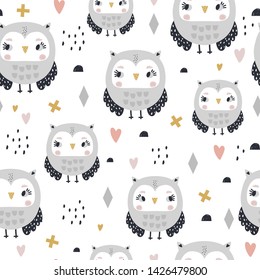 Seamless pattern with cute girl  owls. Creative woodland childish texture. Great for fabric, textile Vector Illustration