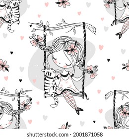 Seamless Pattern. A Cute Girl With Pigtails Is Swinging On A Swing With Her Cat. Vector.