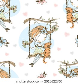 Seamless pattern. A cute girl with pigtails is swinging on a swing with her cat. Vector.